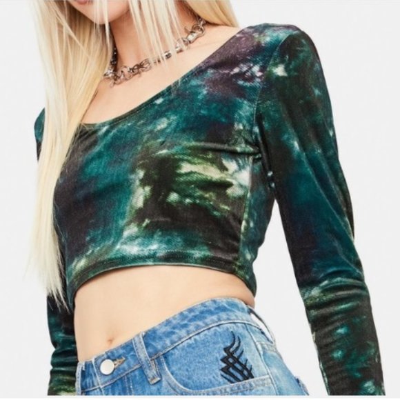 NWT BDG Urban Outfitters Scoop Neck Velvet Crop Top In Green Tie Dye Size M - Picture 3 of 8